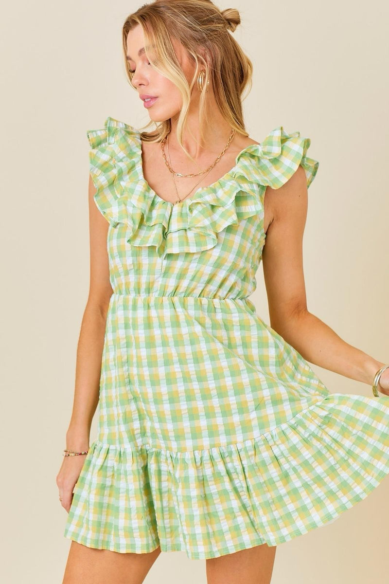 Checked Sleeveless Dress Samana Babydoll Mini Dress In Check Dark Brown