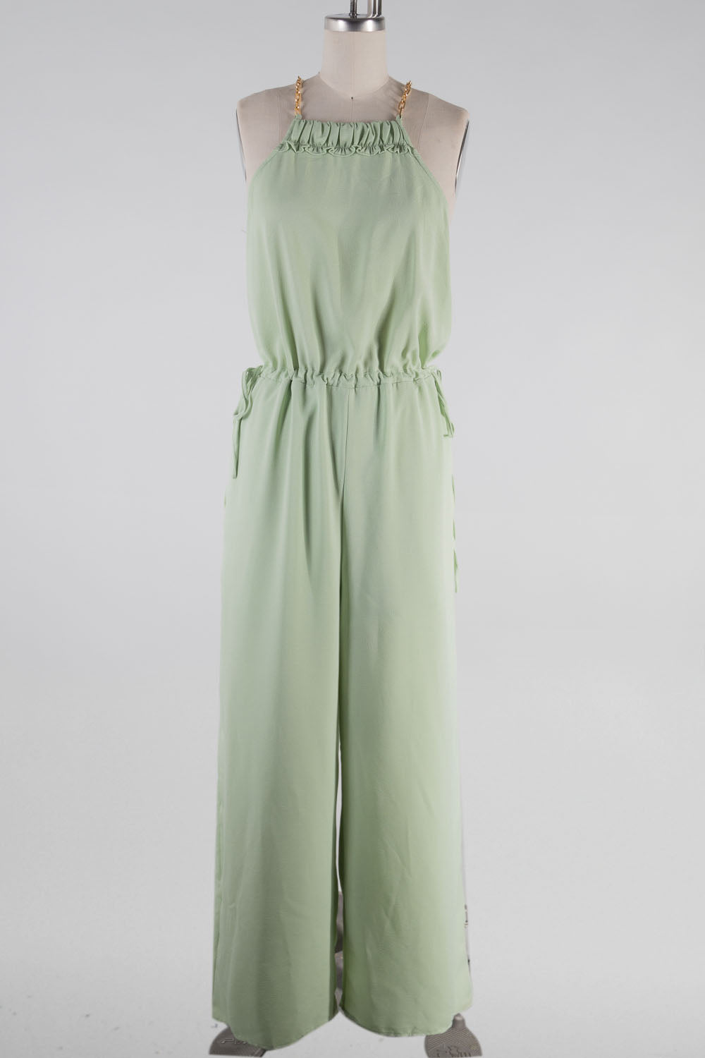 FSJ19772-STK Wide Leg Side Straps Neck Chained Jumpsuit 6PK